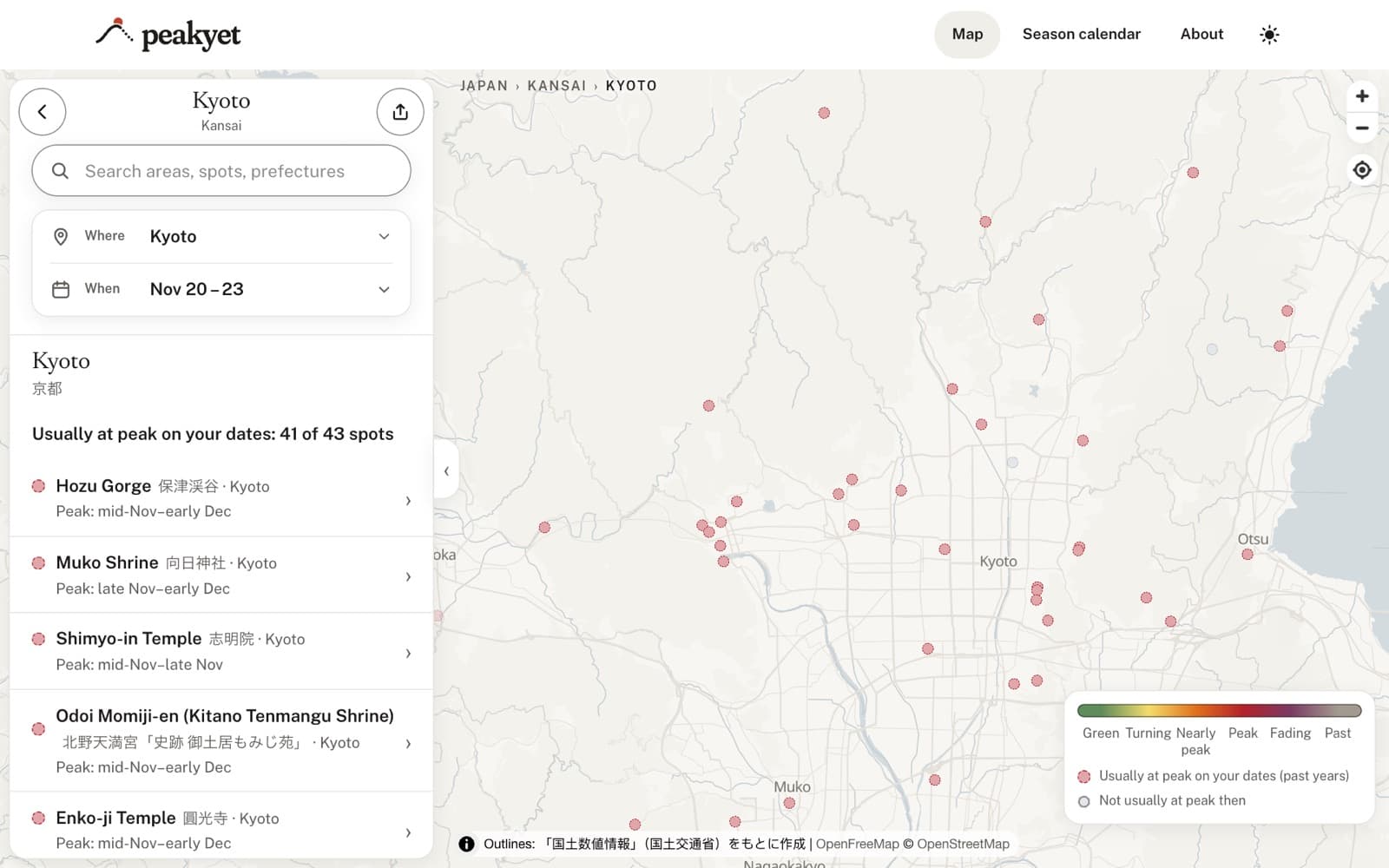 PeakYet map of Kyoto with dates picked, showing spots usually at peak and a list of them.