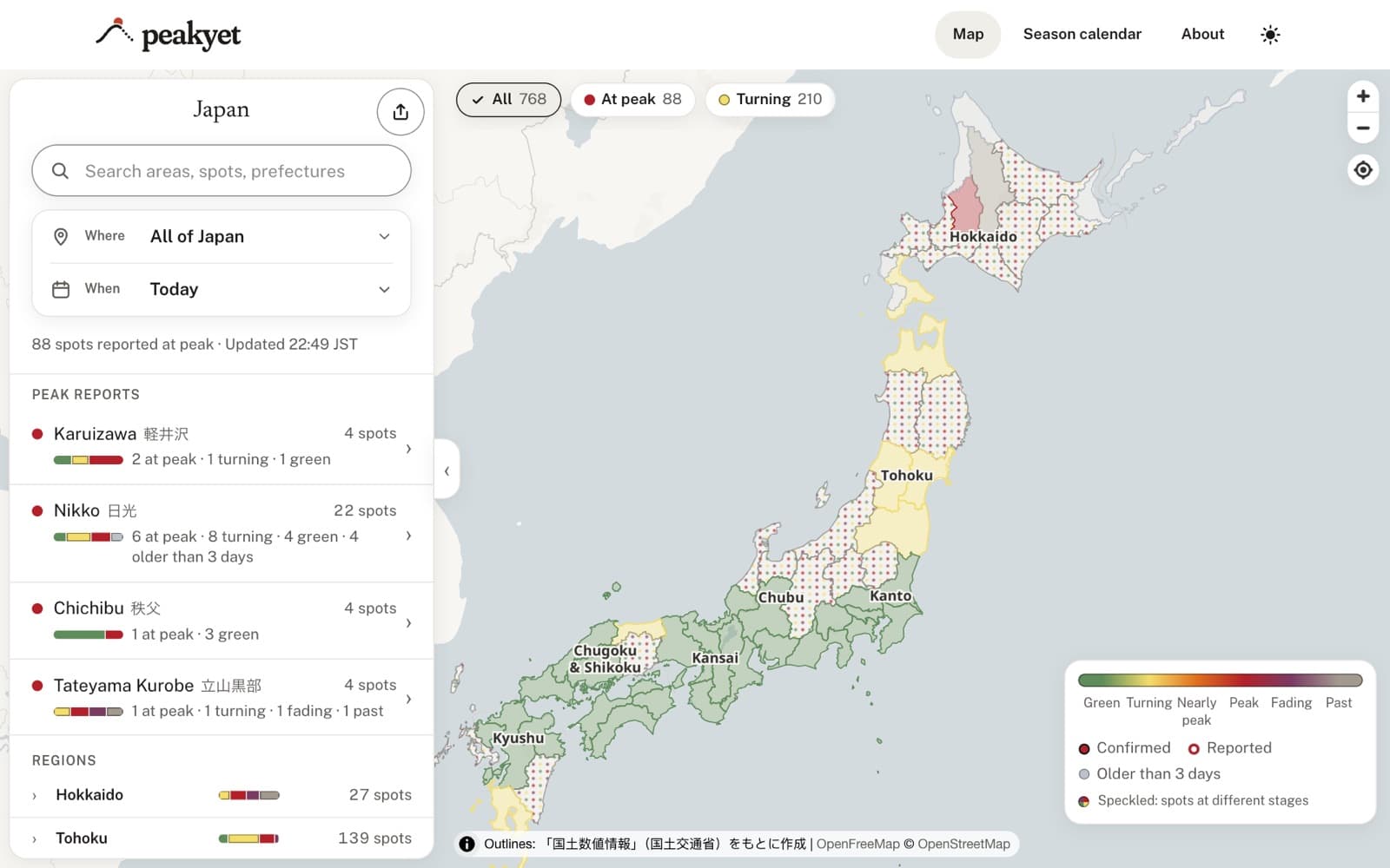 PeakYet map of Japan with autumn-leaf spots coloured by their latest status